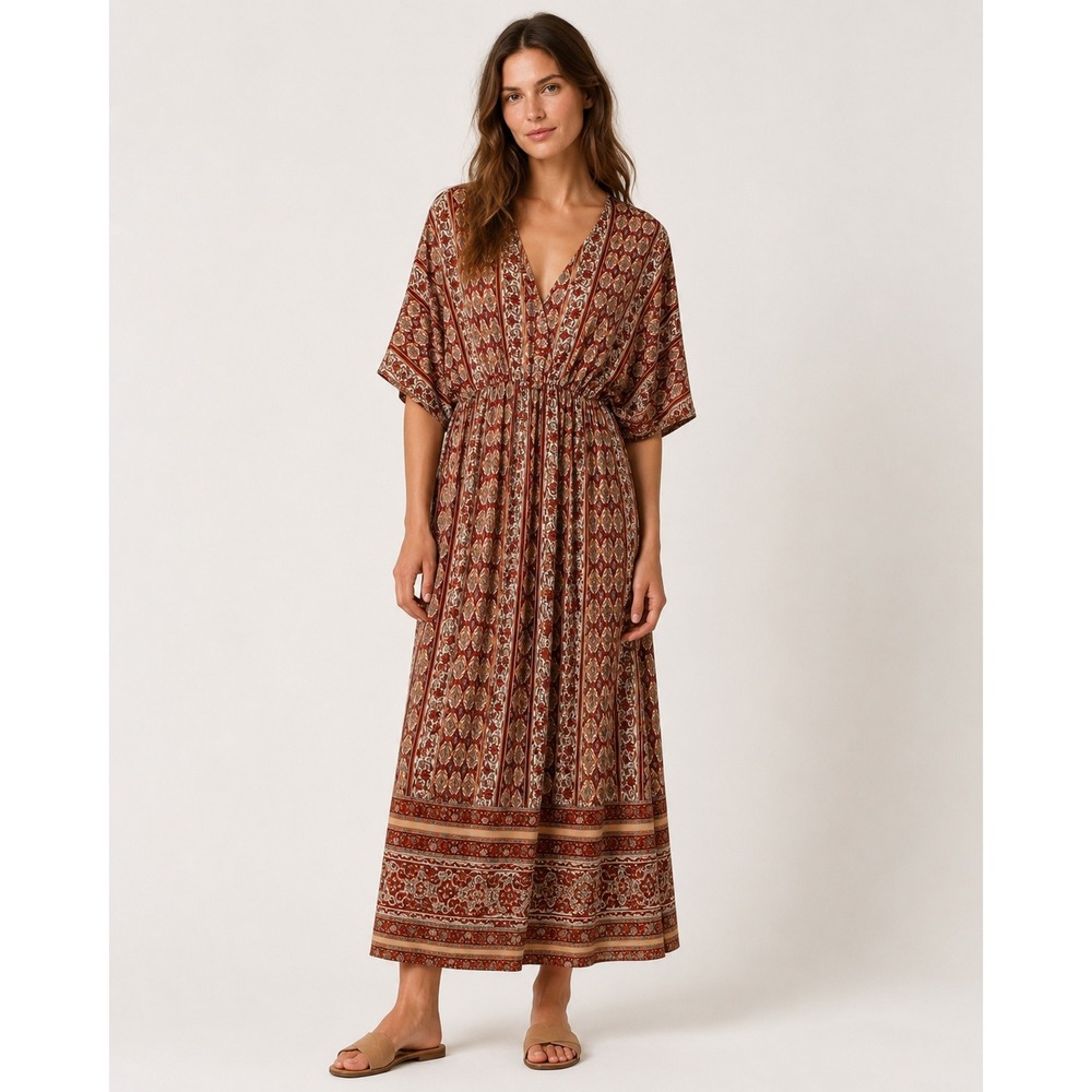 World Market Boho Damask Print Kaftan Dress Terracotta Orange S/M Kimono Sleeve